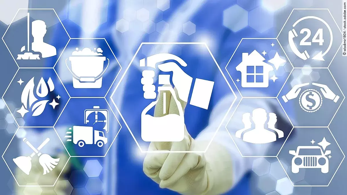 Clean Services Business Concept. Clean Services Business Concept. Cleaner woman in uniform presses button hand sprayer and cleaning solution icons on virtual screen. Professional cleanup.