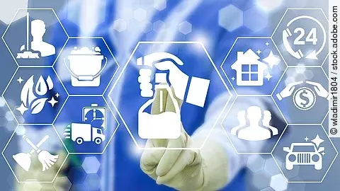 Clean Services Business Concept. Clean Services Business Concept. Cleaner woman in uniform presses button hand sprayer and cleaning solution icons on virtual screen. Professional cleanup.